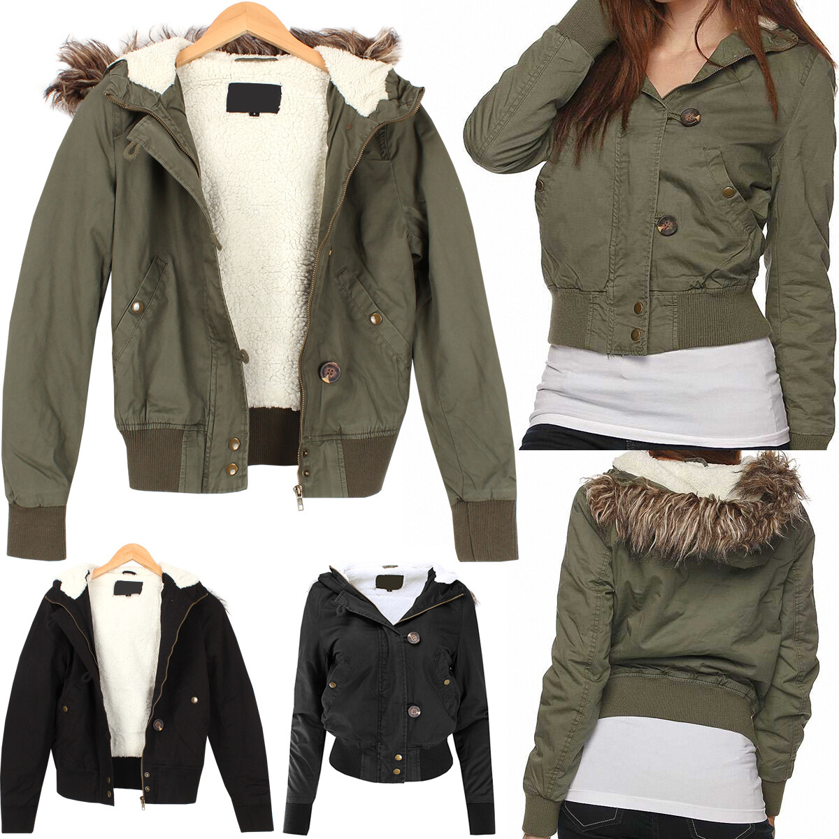 Women's Fur Lined Faux Fur Hooded Cropped Utility Jacket | eBay