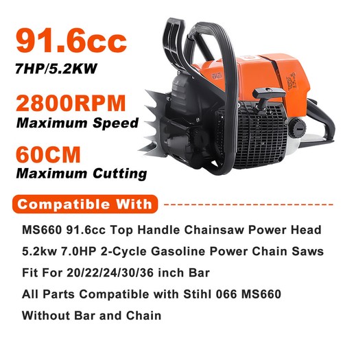 MS660 91.6cc Top Handle Chainsaw Power Head Gasoline Fit 20/22/24/36in Bar Chain