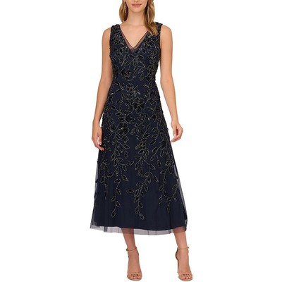 Женское синее платье миди с цветочным рисунком и бисером Adrianna Papell Petites 4 BHFO 1604