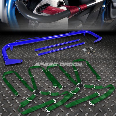 BLUE 49STAINLESS STEEL CHASSIS HARNESS BAR+GREEN 4-PT STRAP CAMLOCK SEAT BELT
