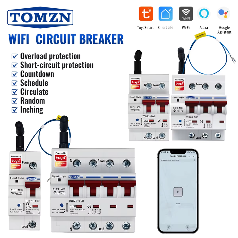 WIFI MCB 1234P 230VAC 10-100A TUYA Smartlife Overload Short-circuit protection C