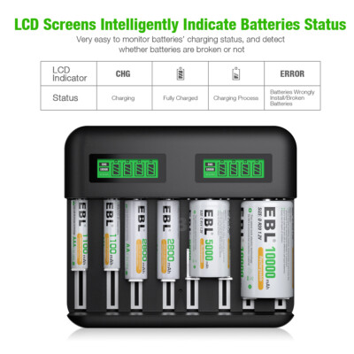 EBL 8 Bay LCD Display Universal Battery Charger USB For Ni-MH AA AAA C D Battery