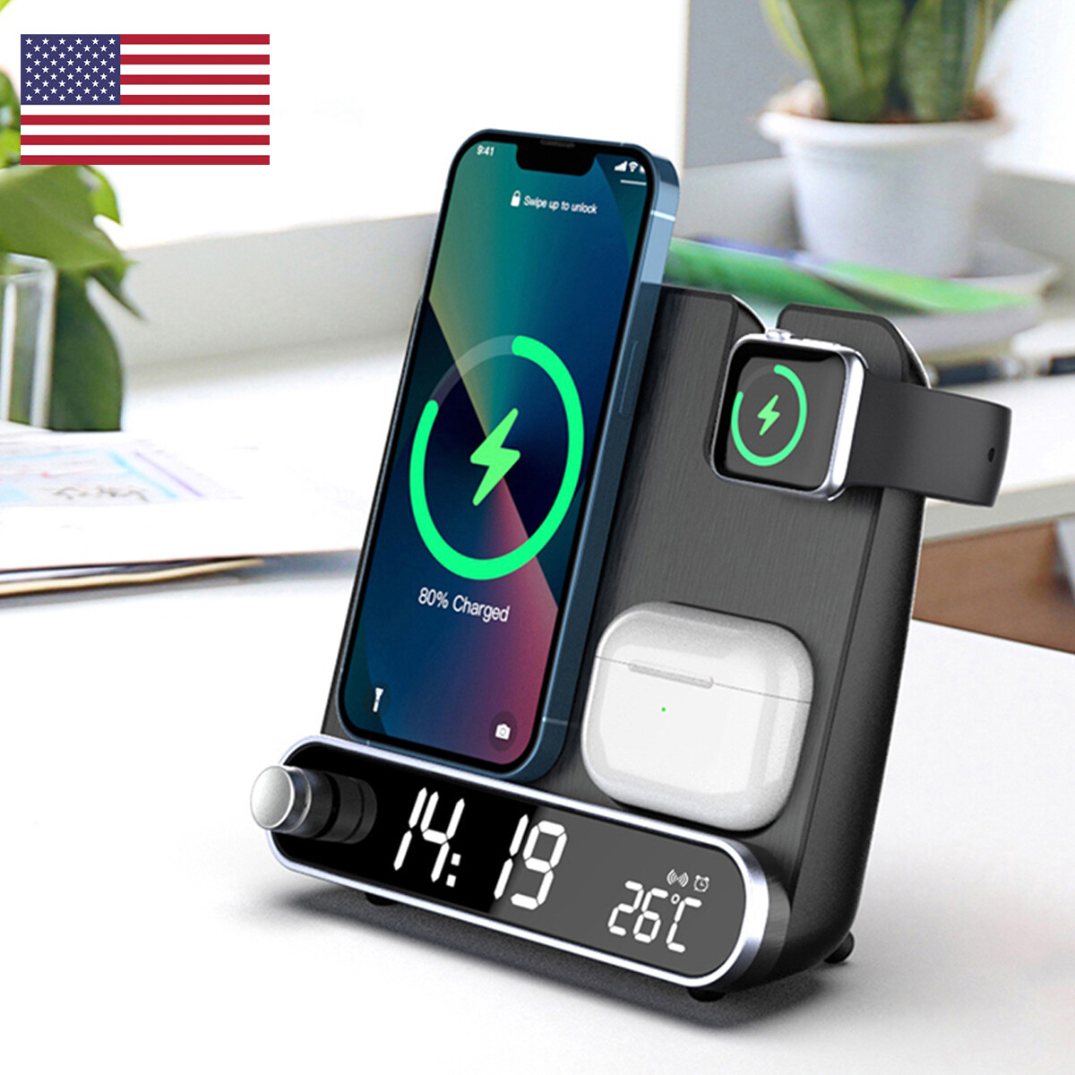 3In1 Wireless Charging Station With Alarm Clock For IPhone/Apple iWatch/AirPods