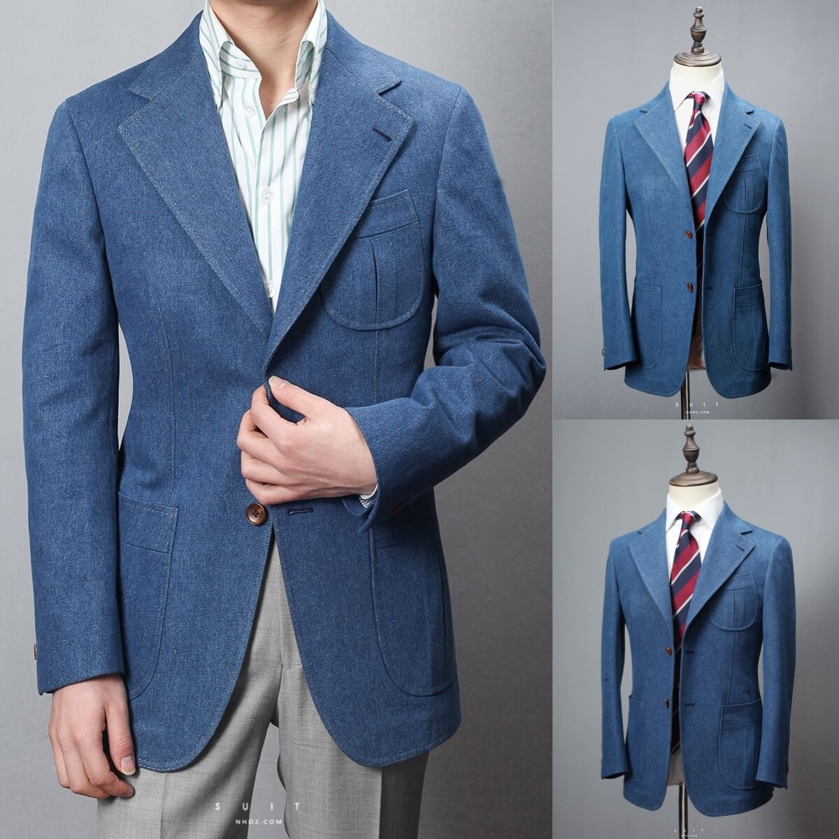 Denim Men Suits Single Breasted Jacket Notch Lapel Blazer