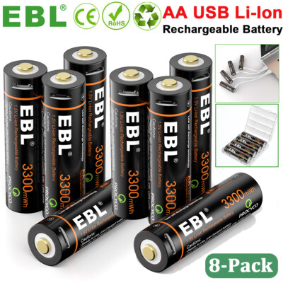8PCS USB AA Lithium ion li-ion Rechargeable Battery 1.5V 3000mWh w/ 2in1 Cable