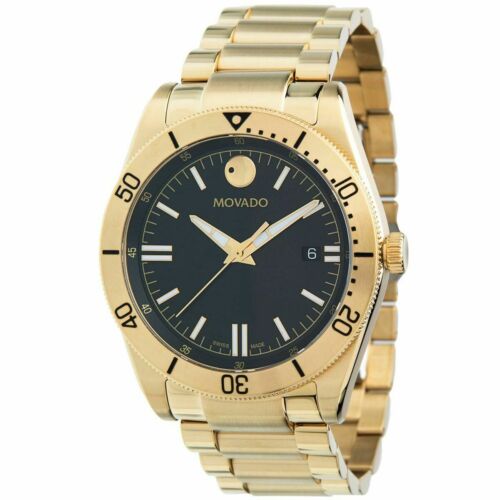 Pre-owned Movado Men's Watch Sport Quartz Black Dial Yellow Gold Tone Bracelet 0607436