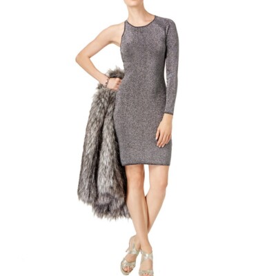 MICHAEL KORS NEW Women's Metallic One-shoulder Knit Bodycon Dress XL TEDO