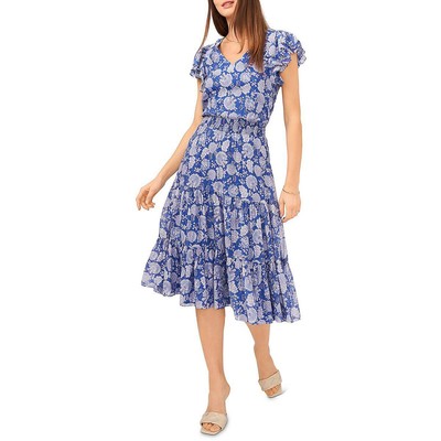 

Женское синее платье миди с v-образным вырезом и оборками Vince Camuto  BHFO 4816, Deep azure