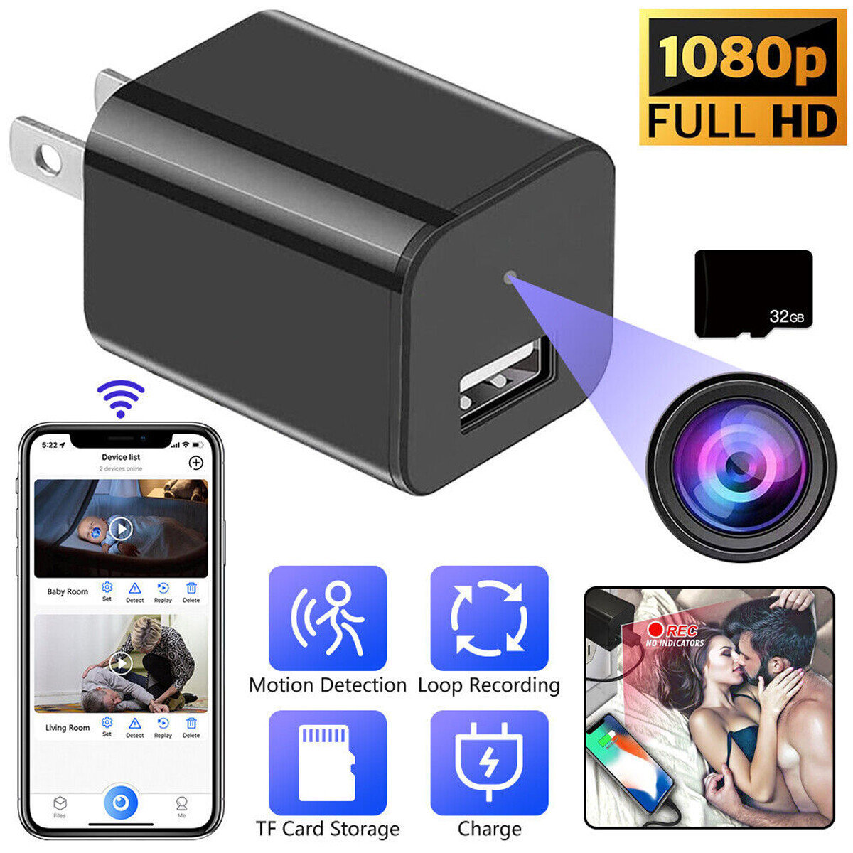 HD 1080P WIFI Camera USB Wall Charger Motion Detection Secur
