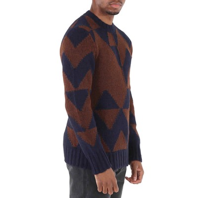 Pre-owned Moncler Men's Geometric Pattern Knitted Crewneck Sweater In Blue
