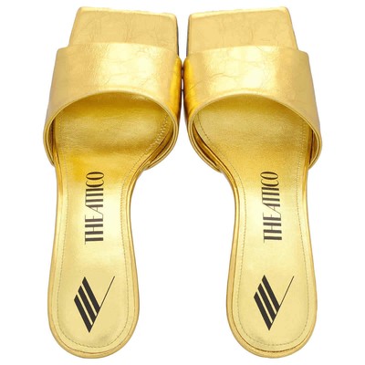 Pre-owned Attico The  Ladies Gold Cheope 60 Mm Metallic Leather Wedge Mules