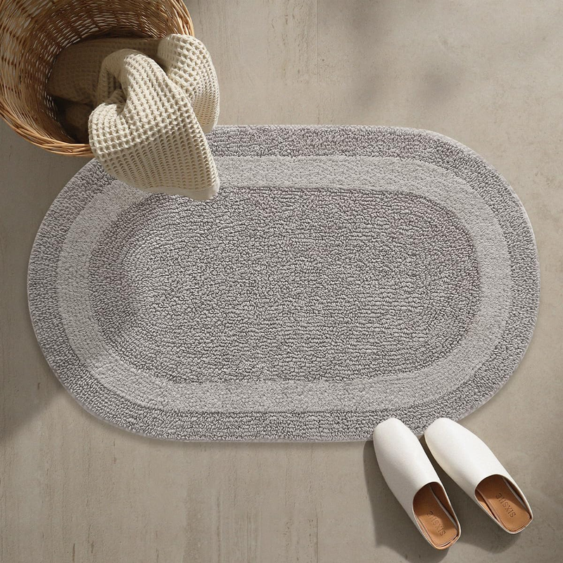 Cotton Bath Mat, 50X80Cm Oval Non-Slip Bathroom Rug, Machine Washable Soft Absor