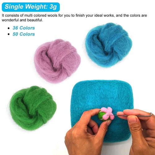 30/50Color Wool Fibre Roving DIY Needles Felting Starter Kit Handcraft Mat Tools