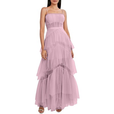 BCBGMAXAZRIA Womens Pink Tiered Illusion Evening Dress Gown 12 BHFO 1043