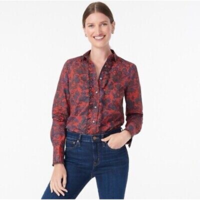 J Crew Collection Scallop Ruffle Perfect Shirt 00 Red Paisley Womens Preppy