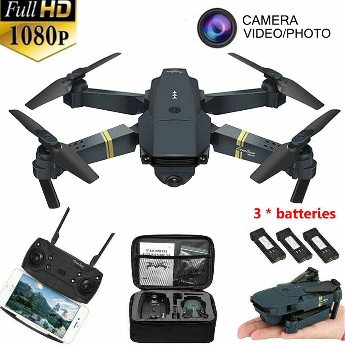 Drone X Pro WIFI FPV 4K HD Camera 3Batteries Foldable Selfie RC Quadcopter Black