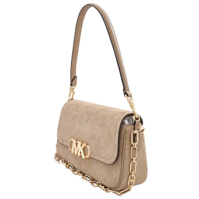Pre-owned Michael Kors Parker Empire Logo Embossed Suede Shoulder Bag 30f3g7pc2s-222 In Camel