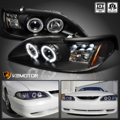 Fits 1994-1998 Ford Mustang Cobra LED Halo Black Projector Headlights Left+Right