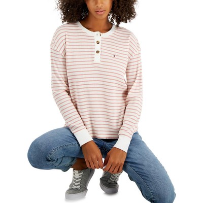 

Женская рубашка с круглым вырезом в полоску цвета слоновой кости Tommy Hilfiger Топ Henley  BHFO 1894, Ivory bridal rose