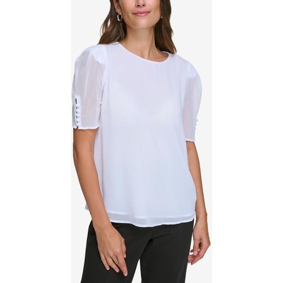 Calvin Klein Womens White Sheer Creweck Pullover Top Petites PM BHFO 3764