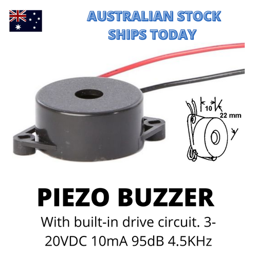 Piezo Buzzer Continuous with built-in drive circuit. 3-20VDC 10mA 95dB 4.5KHz