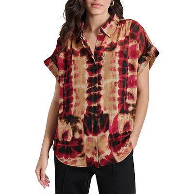 Женская бежевая блузка DKNY с металлическим узором Tie-Dye, верхняя рубашка на пуговицах, L BHFO 9843
