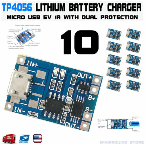 10pcs Tp4056 Micro Usb 5v 18650 Lithium Battery Charging Dual Protection Dw01a