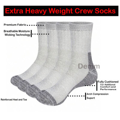 3 Pairs Extra Heavy Athletic Cotton Gray Arch Support Socks Work Warm Cushioned
