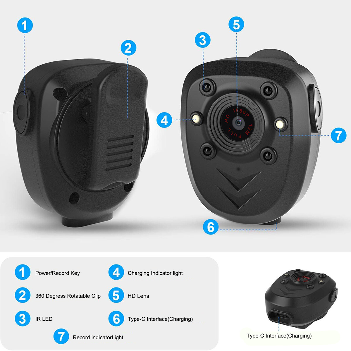 HD 1080P Camcorder Mini Police Body Camera 360&deg; Video DVR IR Night Cam +32G Card