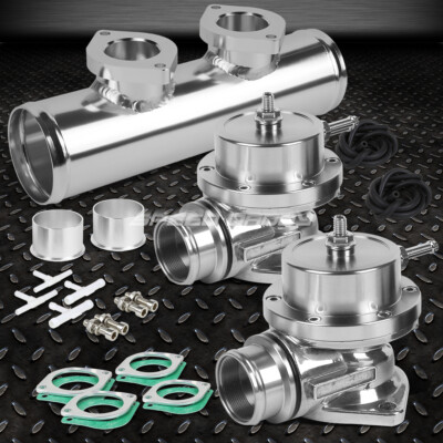 РЕГУЛИРУЕМЫЙ ТУРБО-ПРОДУВОЧНЫЙ КЛАПАН + ДВОЙНОЙ ПЕРЕХОДНИК ДЛЯ ФЛАНЦЕВЫХ ТРУБ ТИПА S 2,5 ФУНТОВ НА КВАДРАТНЫЙ ДЮЙМ СЕРЕБРИСТОГО ЦВЕТА