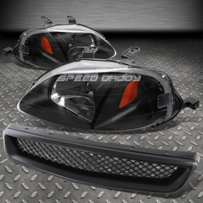 ДЛЯ 99-00 HONDA CIVIC ЧЕРНАЯ КРЫШКА ПЕРЕДНЕЙ РЕШЕТКИ РАДИАТОРА + ЯНТАРНЫЙ ОТРАЖАТЕЛЬ ФАР