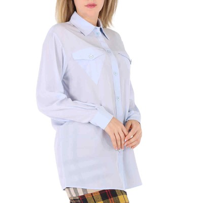 BURBERRY BURBERRY PALE BLUE IREM SILK CREPE DE CHINE LOGO DETAIL OVERSIZED SHIRT, BRAND