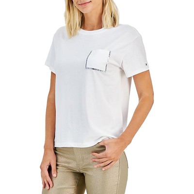 Tommy Hilfiger Womens White Cotton Blend Embellished Pullover Top M BHFO 7793
