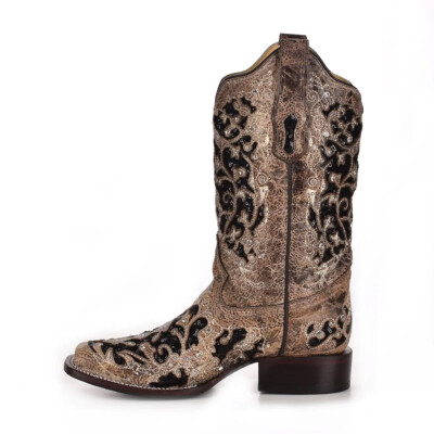 Pre-owned Corral Boots Corral Women's Brown Inlay And Flowered Embroidery And Studs Boot (a3648-ld)
