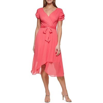 

Женское розовое шифоновое платье миди с рюшами и расклешенными рукавами DKNY  BHFO 2520, Punch