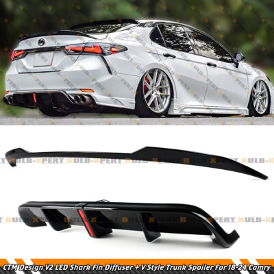 FOR 18-24 TOYOTA CAMRY CTM GLOSS BLACK LED REAR DIFFUSER + V STYLE TRUNK SPOILER