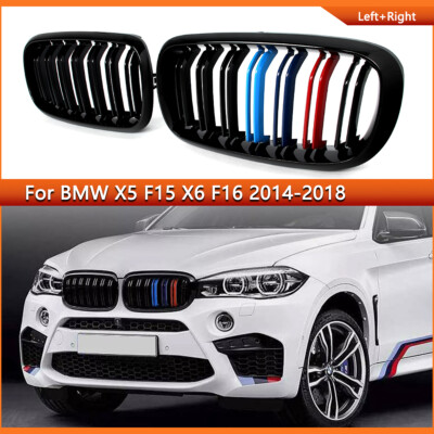 Front Kidney Grill Grille For 2014-2018 BMW X5 F15 X6 F16 Gloss Black Dual Line