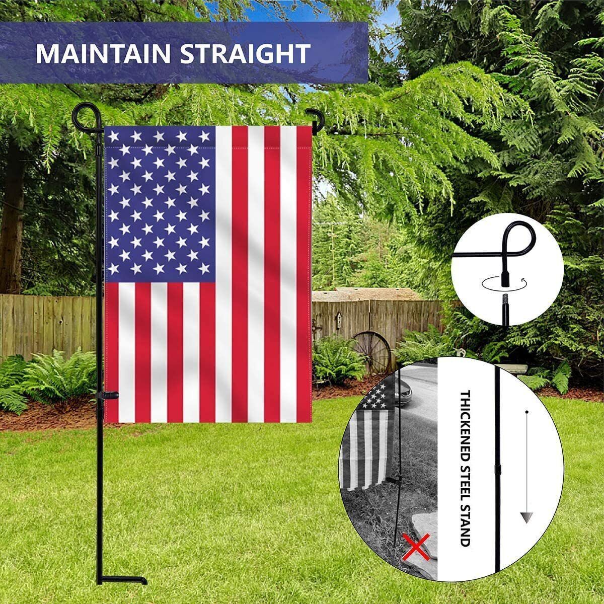 2 Set Garden Flag Pole Metal Holder Stand with Anti-Wind Clip for Outdoor Lawn