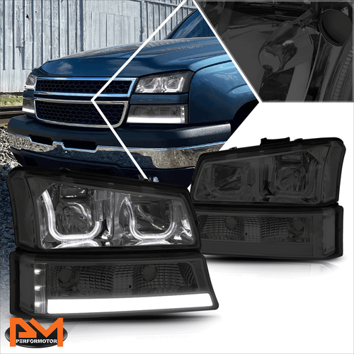 For 03-06 Chevy Silverado/Avalanche LED DRL Bar J-Halo Headlights Smoked/Clear