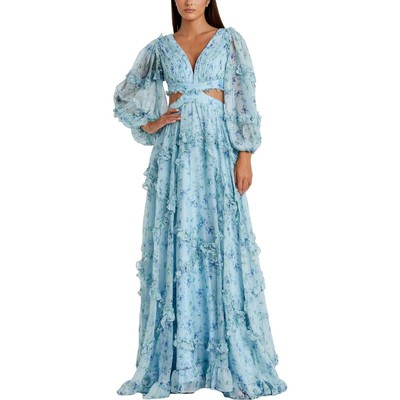 Женское синее шифоновое вечернее платье с цветочным рисунком Mac Duggal 4 BHFO 2359