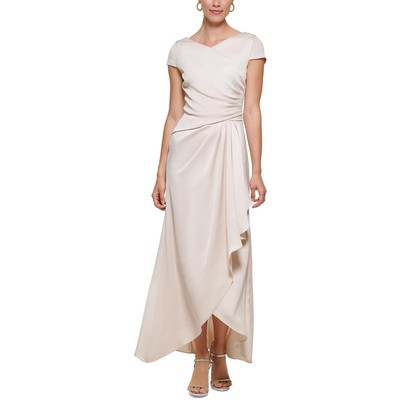 Женское бежевое атласное вечернее платье с короткими рукавами DKNY 8 BHFO 5881