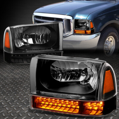 ДЛЯ FORD SUPER DUTY 1999-2004 ГОДОВ ВЫПУСКА ПАРА ЧЕРНЫХ/ЯНТАРНЫХ ФАР + СВЕТОДИОДНЫЕ УКАЗАТЕЛИ ПОВОРОТА