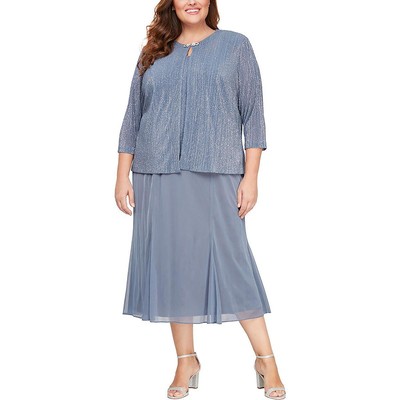 Alex Evenings Womens Blue Metallic Jacket Two Piece Dress Plus 22W BHFO 9116