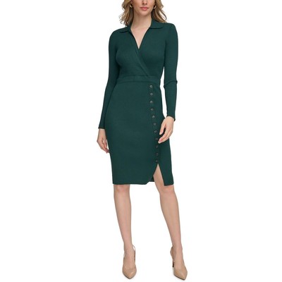 Calvin Klein Womens Green Pleated Collared Button-Trim Sweaterdress XL BHFO 9223