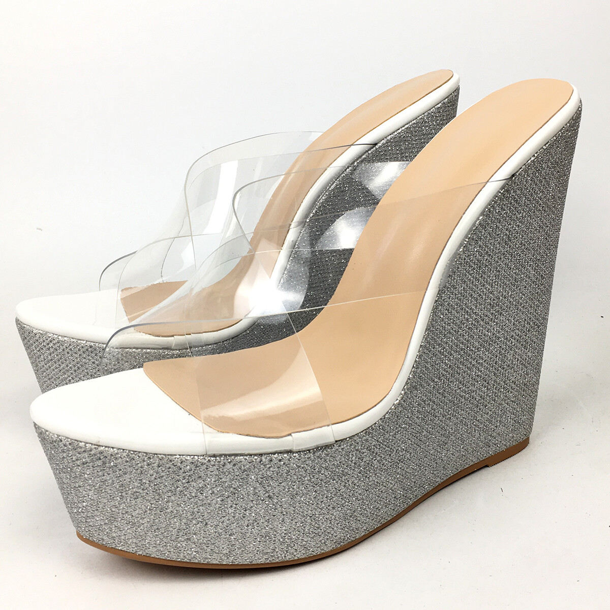 Women Silver Glitter Wedge Slipper Sandals Sky High Heels Platform Slide Mules