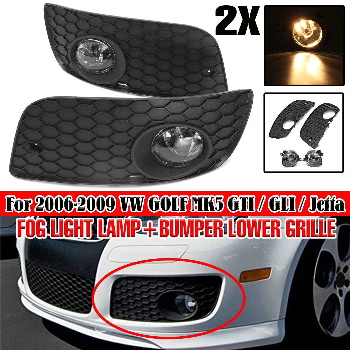 Jetta Mk5 06-09 Front Bumper Lower Grille + H11 Fog Lights Lamp Us