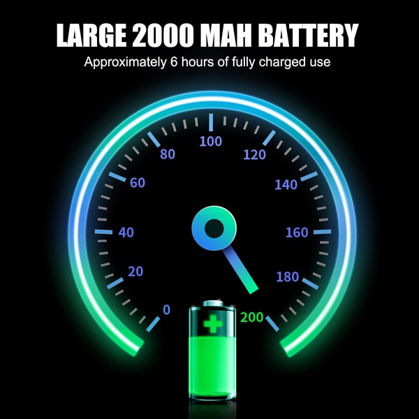 2000 mAh battery with gauge indicating 6-hour charge.