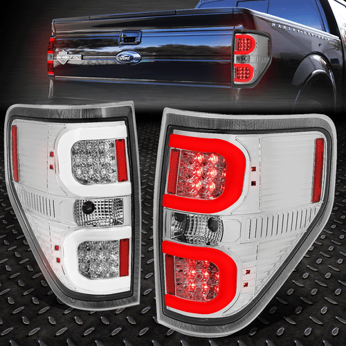 [ДВОЙНАЯ СВЕТОДИОДНАЯ С-ОБРАЗНАЯ ПЛАНКА] ДЛЯ 09-14 FORD F150 ХРОМИРОВАННЫЙ КОРПУС ЗАДНИХ ФОНАРЕЙ СТОП-СИГНАЛОВ