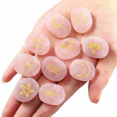 10pcs/Set Healing Engraved Gypsy Symbols Crystal Stone Set For Chakra Balancing