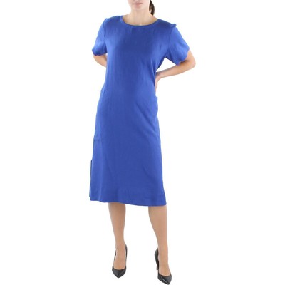 Женское голубое льняное миди-платье до середины икры с круглым вырезом от Eileen Fisher XS BHFO 5773